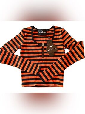 Killstar Izora Ribbed Top Pumpkin Black and Orange Striped Zip Top NWT Size M